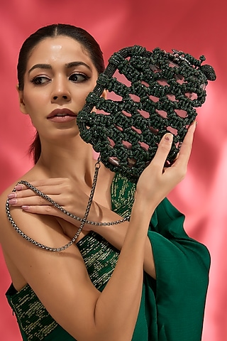 Forest Green Brass Alloy & PVC Chaton Stone Clutch by AMAMA