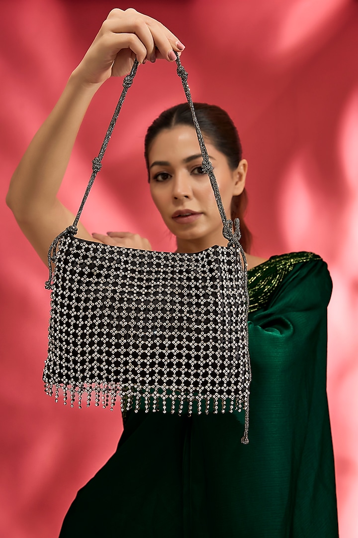 Black Brass Alloy & Crepe Satin Chaton Stone Bag by AMAMA at Pernia's Pop Up Shop