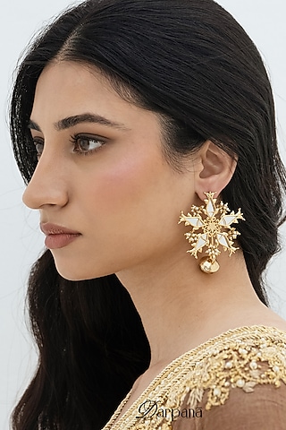 Gold Plated Faux Pearl & Mirror Work Stud Earrings by AMAMA