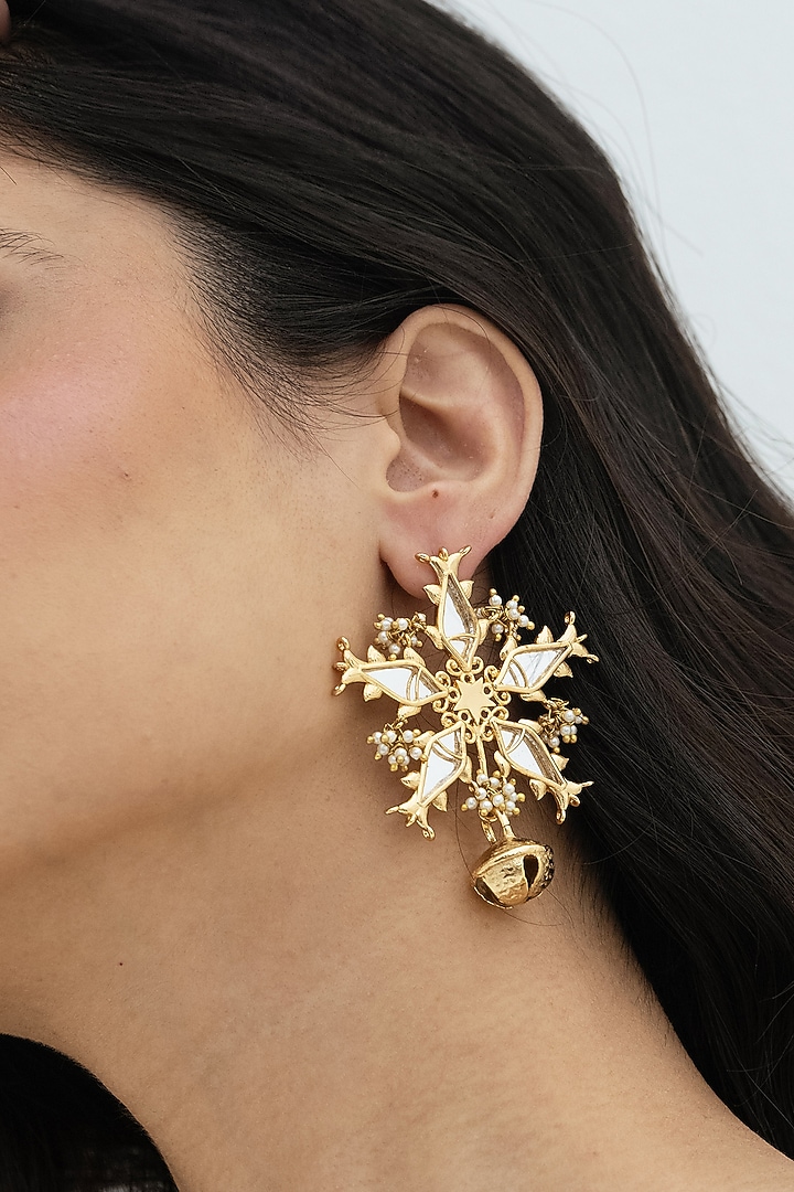Gold Plated Faux Pearl & Mirror Work Stud Earrings by AMAMA at Pernia's Pop Up Shop