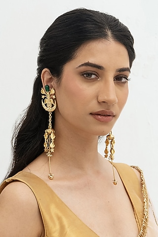 Gold Plated Faux Pearl & Mirror Work Detachable Dangler Earrings by AMAMA