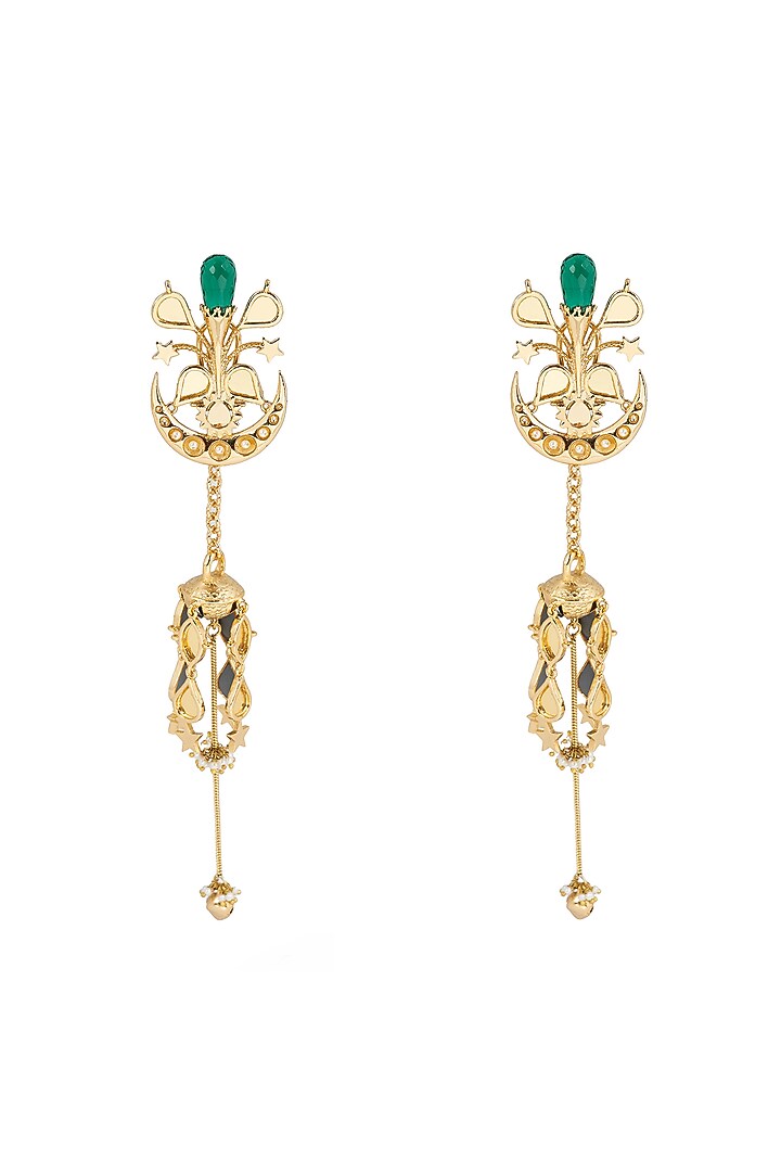 Gold Plated Faux Pearl & Mirror Work Detachable Dangler Earrings by AMAMA at Pernia's Pop Up Shop
