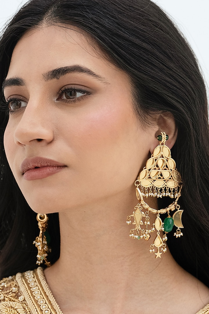 Gold Plated Faux Pearl & Mirror Work Dangler Earrings by AMAMA at Pernia's Pop Up Shop