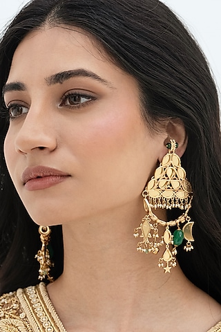Gold Plated Faux Pearl & Mirror Work Dangler Earrings by AMAMA