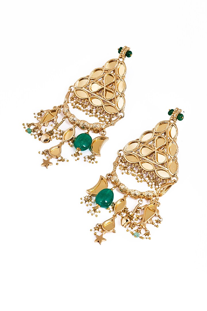 Gold Plated Faux Pearl & Mirror Work Dangler Earrings by AMAMA at Pernia's Pop Up Shop
