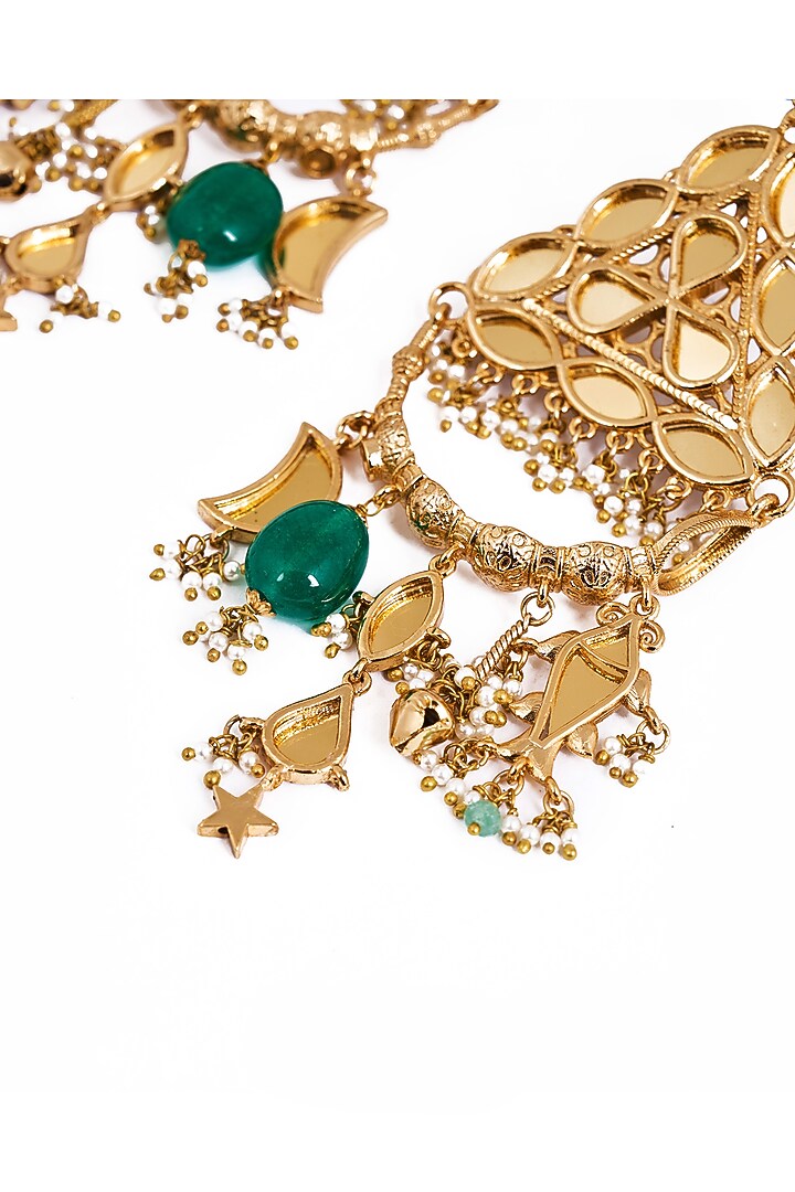 Gold Plated Faux Pearl & Mirror Work Dangler Earrings by AMAMA at Pernia's Pop Up Shop