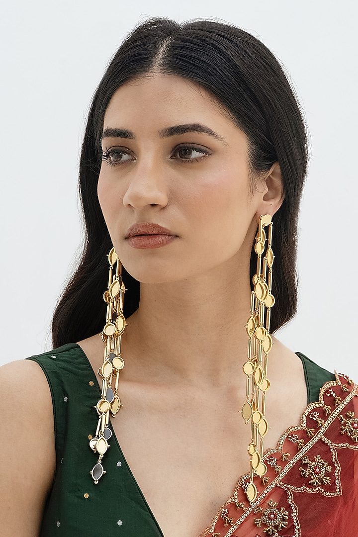 Gold Plated Faux Pearl & Mirror Work Dangler Earrings by AMAMA at Pernia's Pop Up Shop