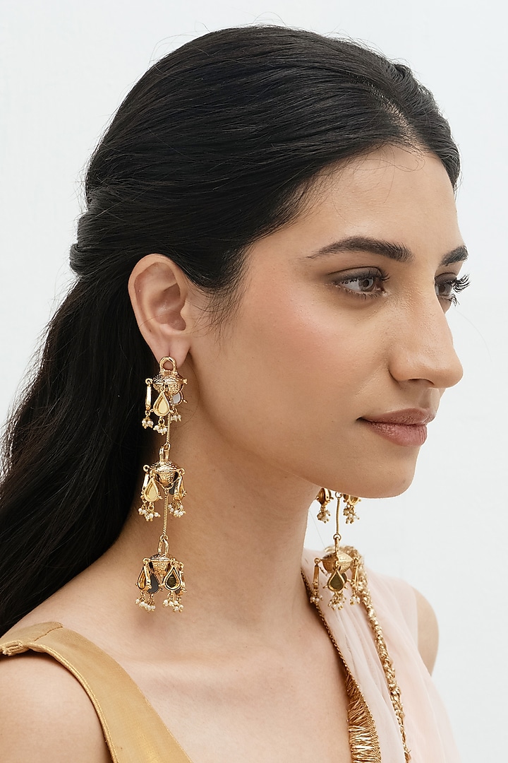 Gold Plated Faux Pearl & Mirror Work Dangler Earrings by AMAMA at Pernia's Pop Up Shop