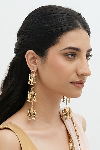 Gold Plated Faux Pearl & Mirror Work Dangler Earrings by AMAMA