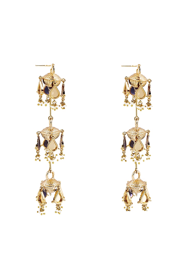 Gold Plated Faux Pearl & Mirror Work Dangler Earrings by AMAMA at Pernia's Pop Up Shop