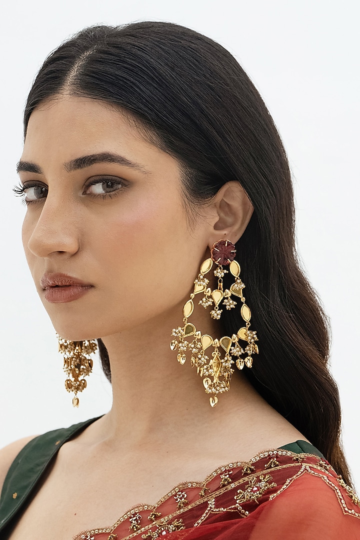 Gold Plated Faux Pearl & Mirror Work Dangler Earrings by AMAMA at Pernia's Pop Up Shop