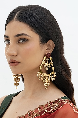 Gold Plated Faux Pearl & Mirror Work Dangler Earrings by AMAMA
