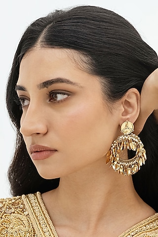 Gold Plated Faux Pearl & Mirror Work Chandbali Earrings by AMAMA