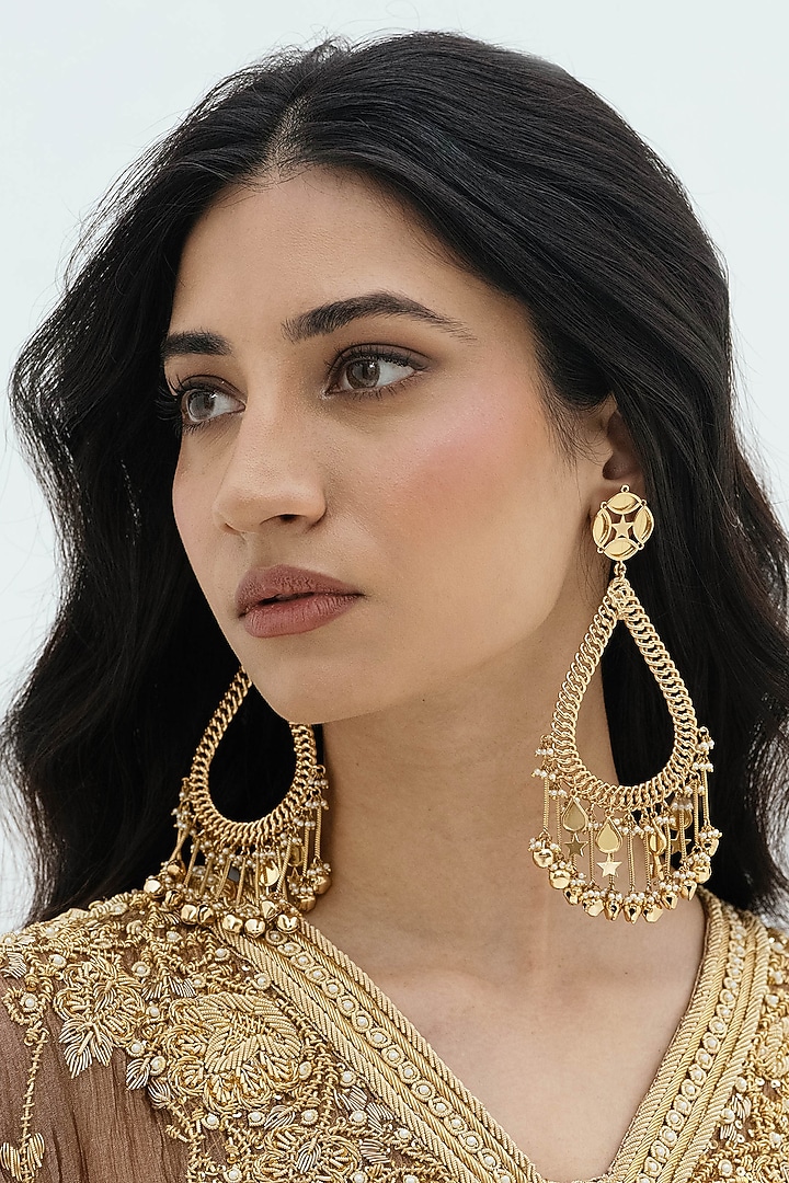 Gold Plated Faux Pearl & Mirror Work Dangler Earrings by AMAMA at Pernia's Pop Up Shop