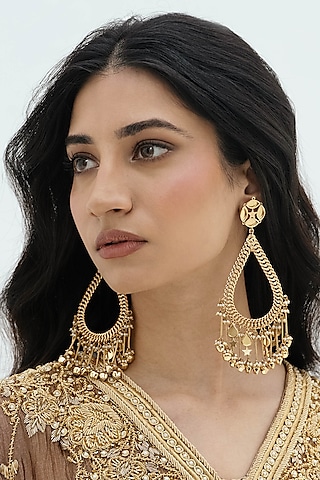 Gold Plated Faux Pearl & Mirror Work Dangler Earrings by AMAMA