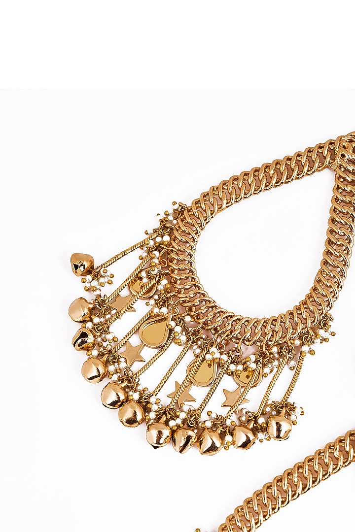Gold Plated Faux Pearl & Mirror Work Dangler Earrings by AMAMA at Pernia's Pop Up Shop