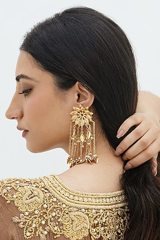 Gold Plated Faux Pearl & Mirror Work Chandbali Earrings by AMAMA