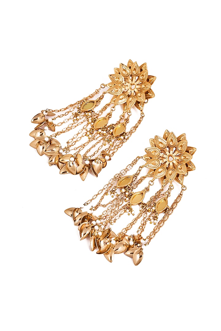 Gold Plated Faux Pearl & Mirror Work Chandbali Earrings by AMAMA at Pernia's Pop Up Shop