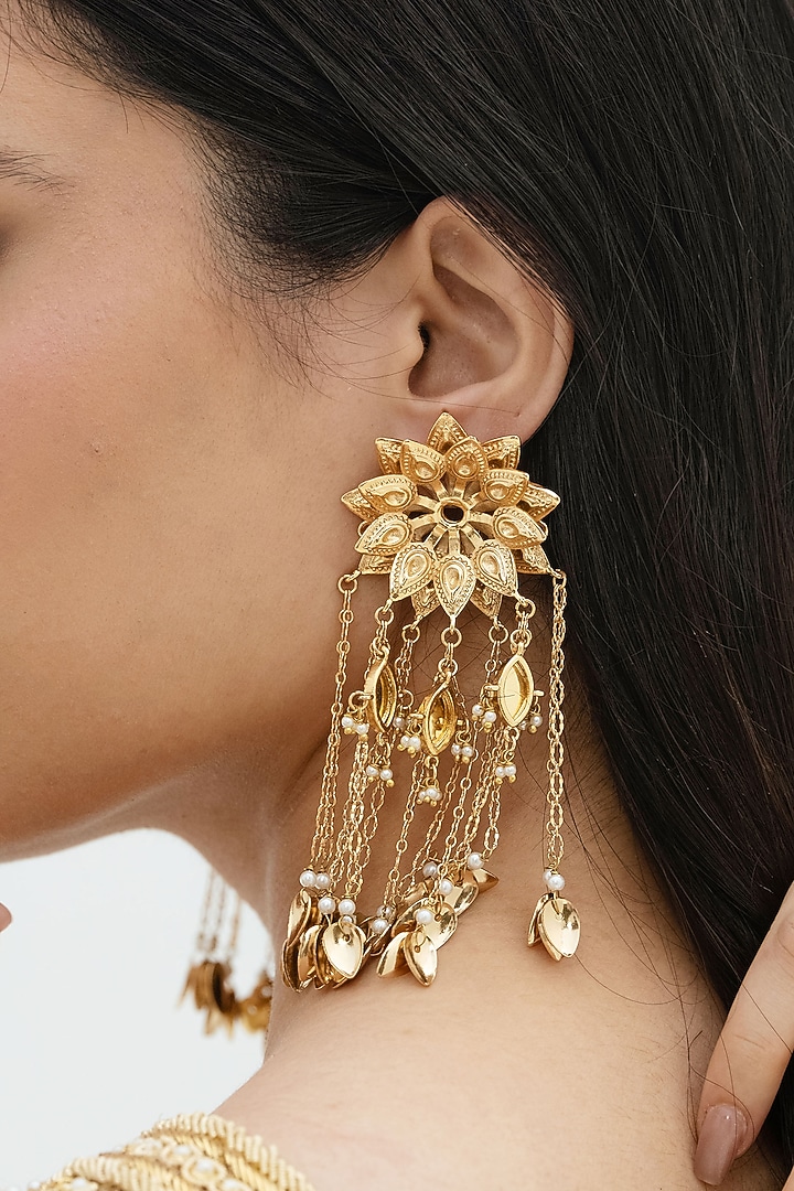 Gold Plated Faux Pearl & Mirror Work Chandbali Earrings by AMAMA at Pernia's Pop Up Shop