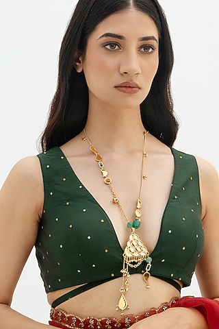 Gold Plated Faux Pearl & Mirror Work Layered Pendant Charm Necklace by AMAMA