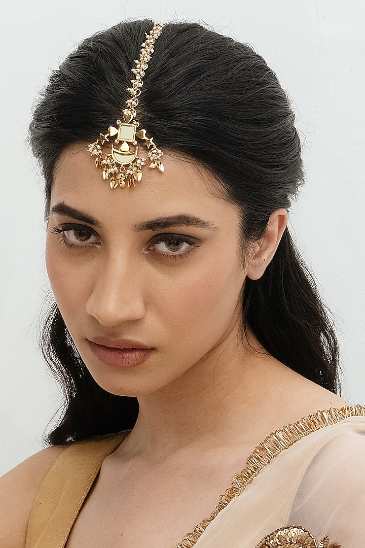 Gold Plated Faux Pearl & Mirror Work Maangtikka by AMAMA at Pernia's Pop Up Shop