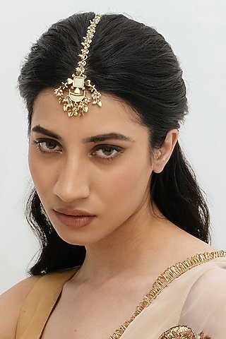Gold Plated Faux Pearl & Mirror Work Maangtikka by AMAMA