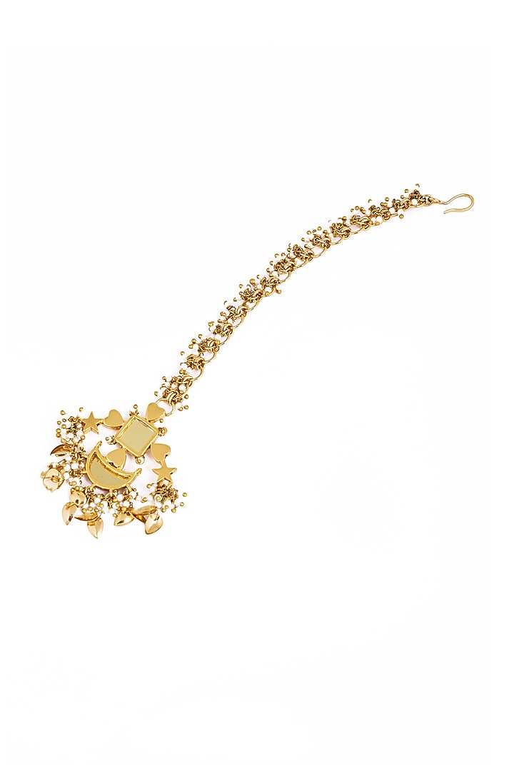 Gold Plated Faux Pearl & Mirror Work Maangtikka by AMAMA at Pernia's Pop Up Shop