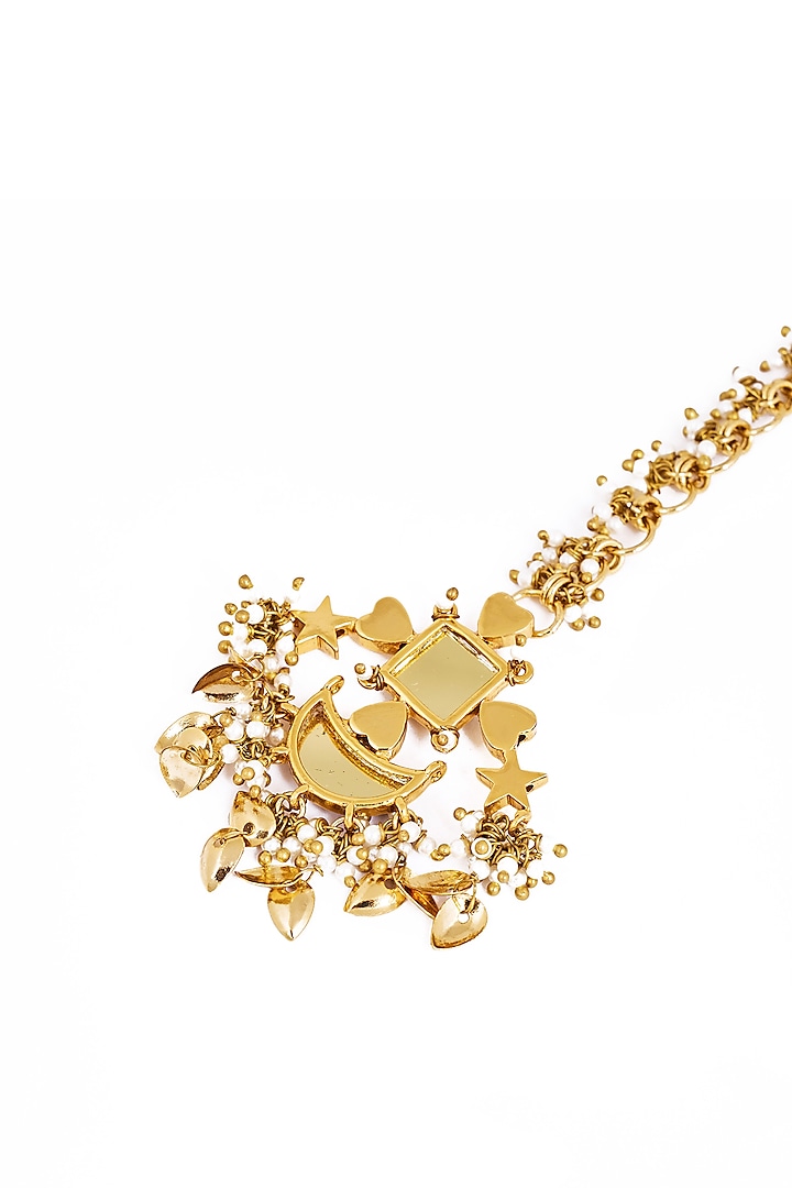 Gold Plated Faux Pearl & Mirror Work Maangtikka by AMAMA at Pernia's Pop Up Shop