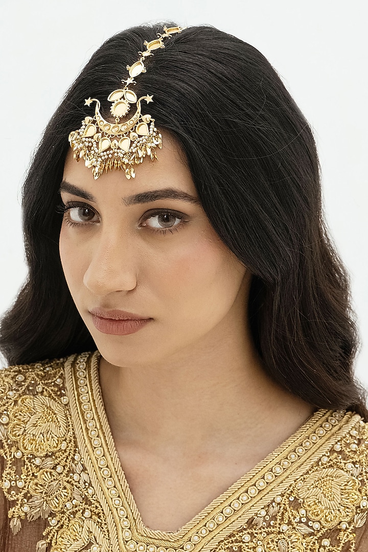 Gold Plated Faux Pearl & Mirror Work Maangtikka by AMAMA at Pernia's Pop Up Shop