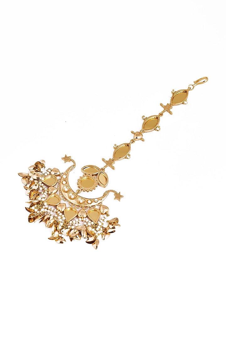 Gold Plated Faux Pearl & Mirror Work Maangtikka by AMAMA at Pernia's Pop Up Shop