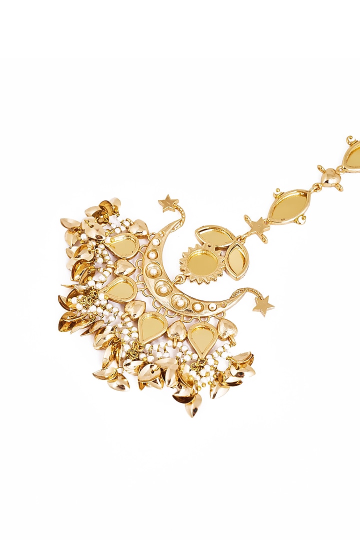 Gold Plated Faux Pearl & Mirror Work Maangtikka by AMAMA at Pernia's Pop Up Shop