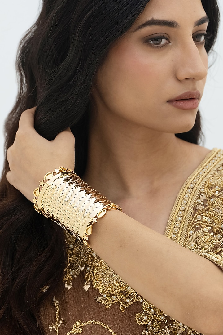 Gold Plated Faux Pearl & Mirror Work Handcuff by AMAMA at Pernia's Pop Up Shop