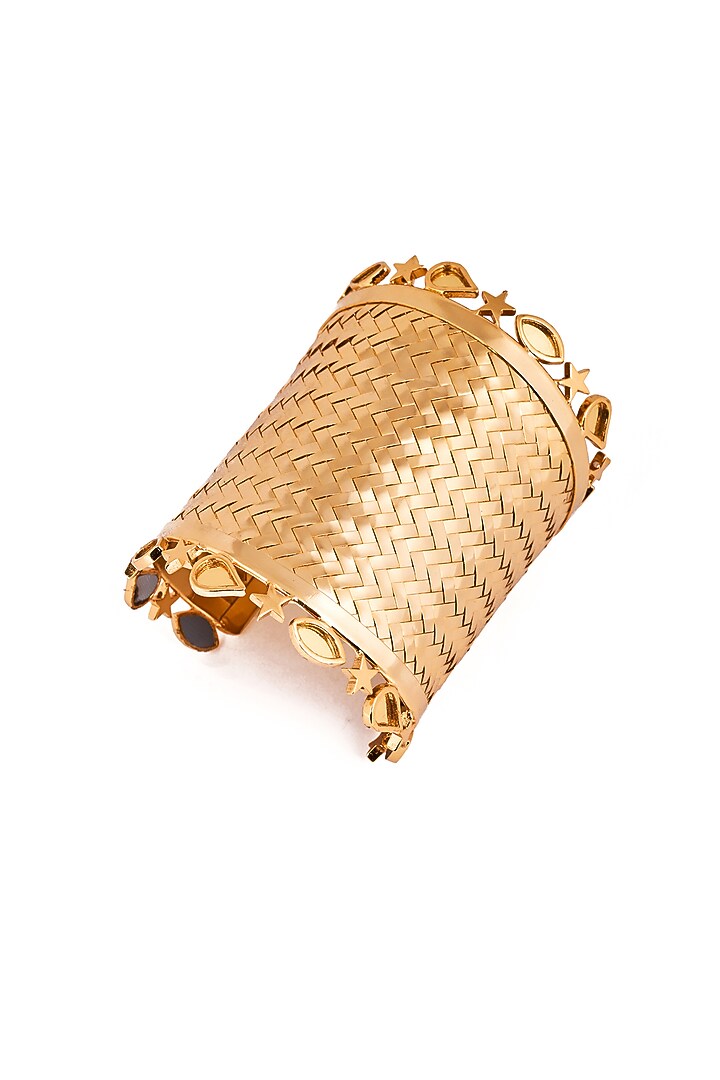 Gold Plated Faux Pearl & Mirror Work Handcuff by AMAMA at Pernia's Pop Up Shop