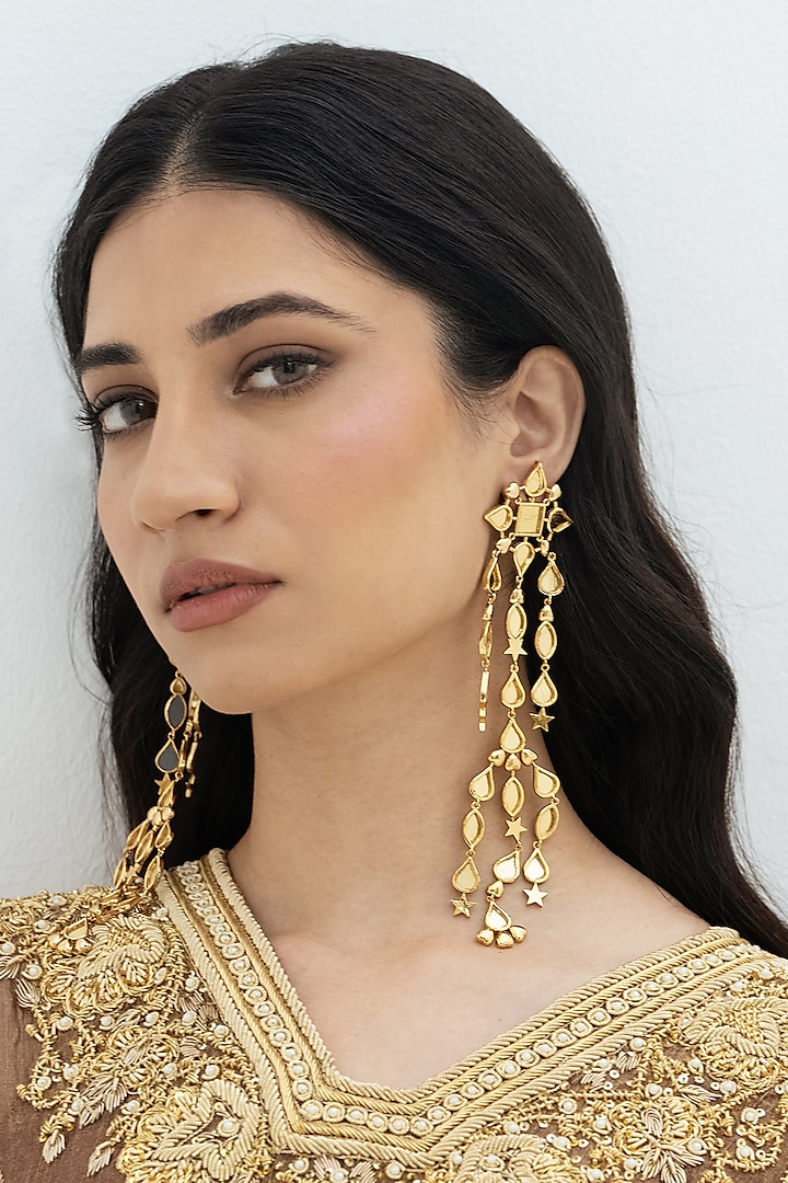 Gold Plated Faux Pearl & Mirror Work Dangler Earrings by AMAMA at Pernia's Pop Up Shop