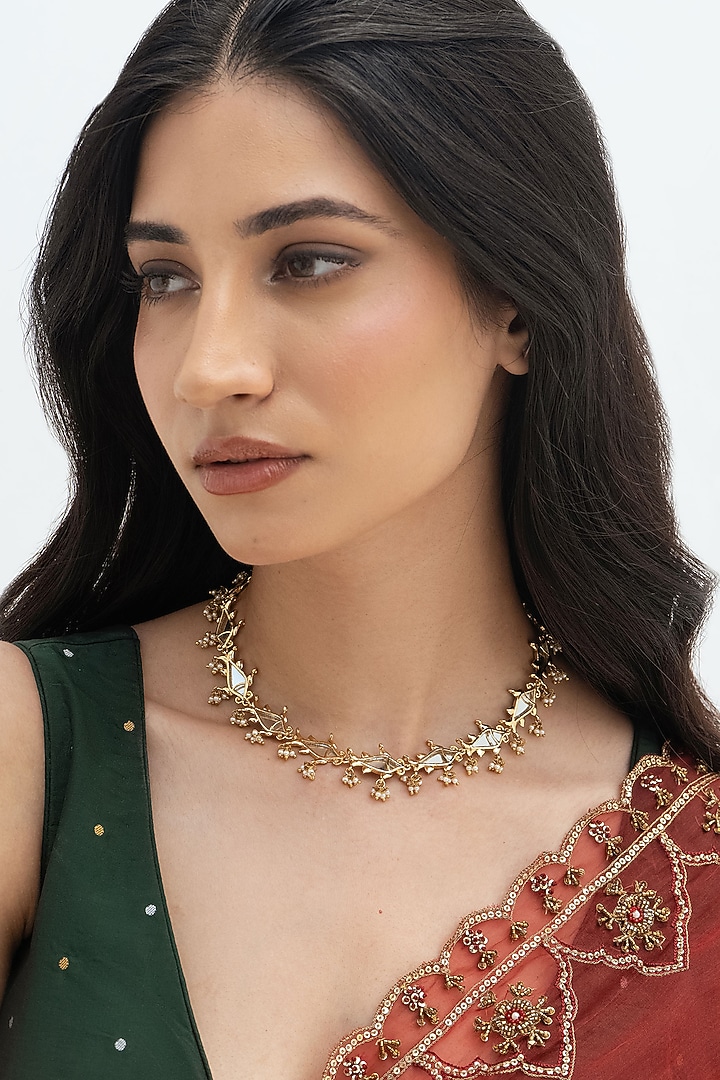 Gold Plated Faux Pearl & Mirror Work Choker Necklace by AMAMA at Pernia's Pop Up Shop