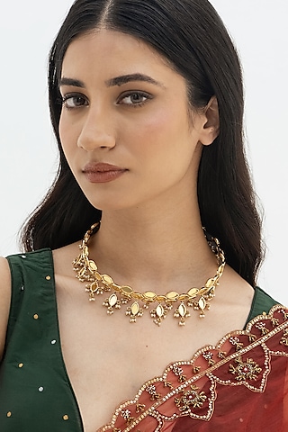 Gold Plated Faux Pearl & Mirror Work Hasli Necklace by AMAMA