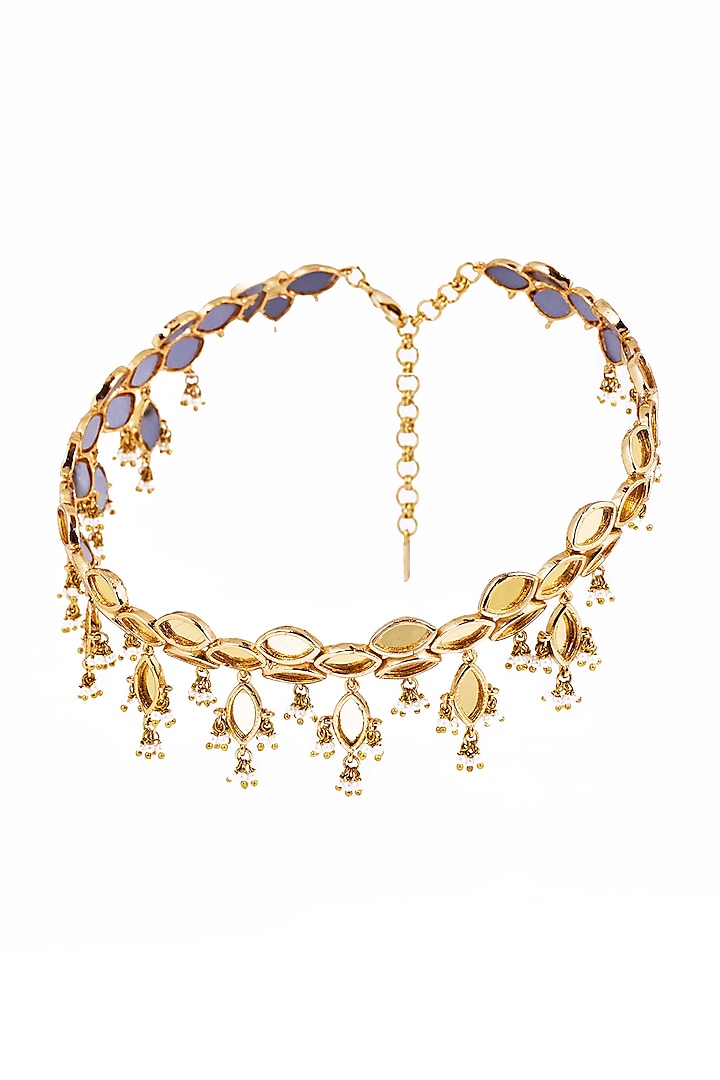 Gold Plated Faux Pearl & Mirror Work Hasli Necklace by AMAMA at Pernia's Pop Up Shop