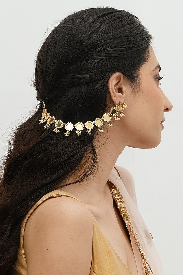 Gold Plated Faux Pearl & Mirror Work Sahara Earrings by AMAMA at Pernia's Pop Up Shop