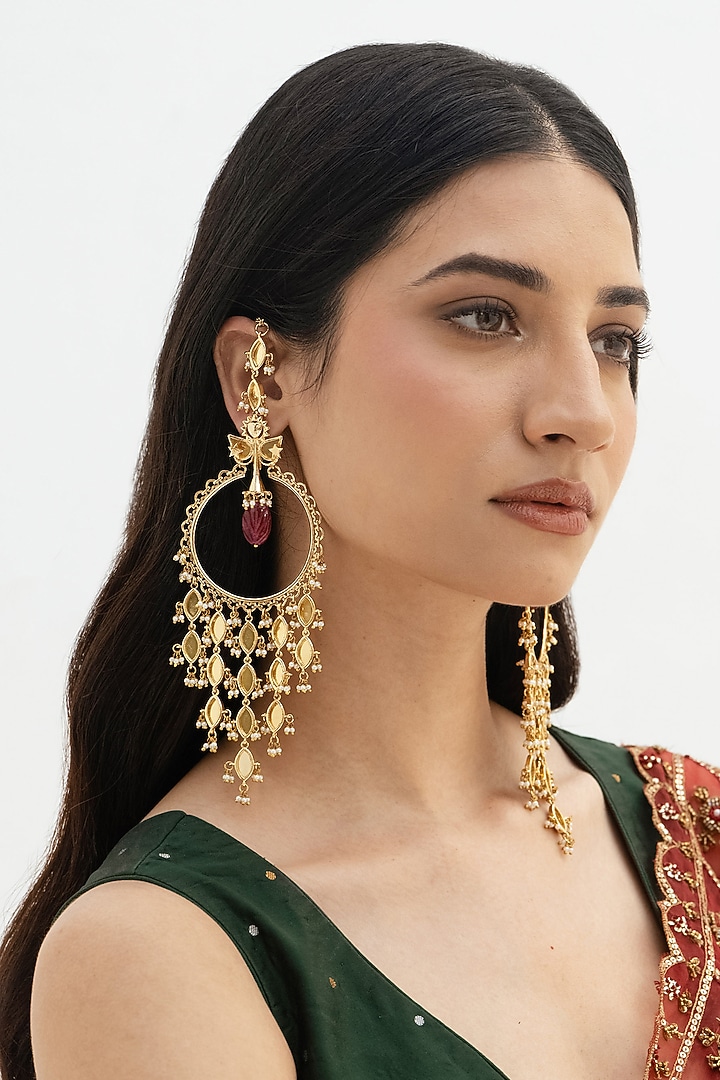 Gold Plated Faux Pearl & Mirror Work Chandbali Earrings by AMAMA at Pernia's Pop Up Shop