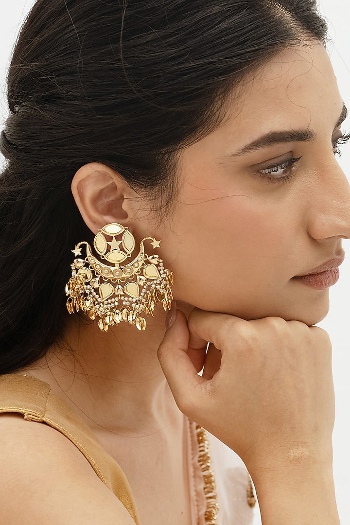 Gold Plated Faux Pearl & Mirror Work Dangler Earrings by AMAMA at Pernia's Pop Up Shop