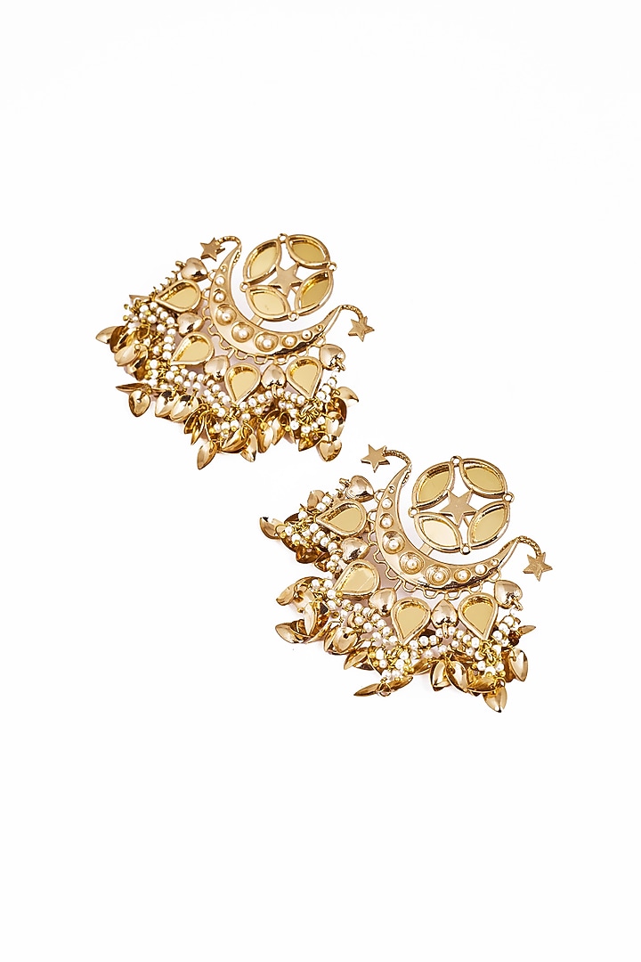 Gold Plated Faux Pearl & Mirror Work Dangler Earrings by AMAMA at Pernia's Pop Up Shop