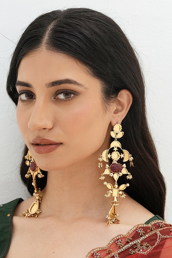 Gold Plated Faux Pearl & Mirror Work Dangler Earrings by AMAMA at Pernia's Pop Up Shop