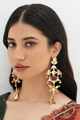 Gold Plated Faux Pearl & Mirror Work Dangler Earrings by AMAMA