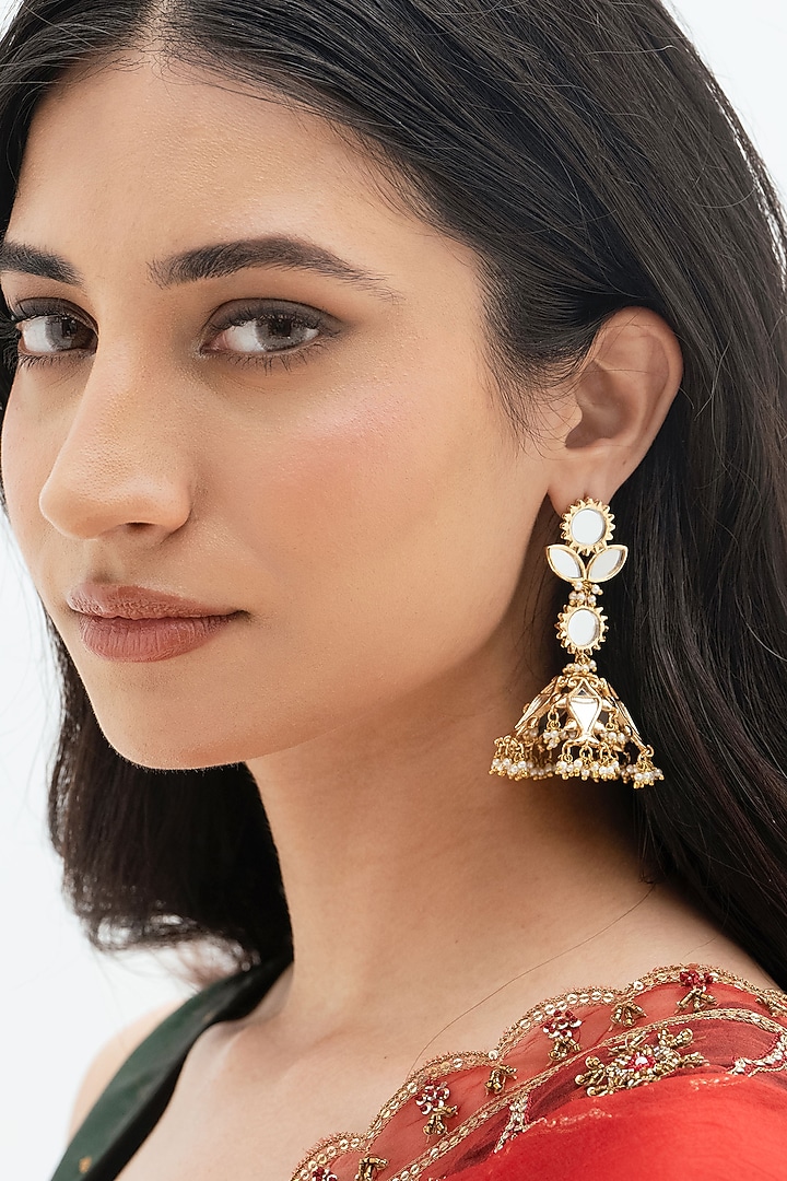 Gold Plated Faux Pearl & Mirror Work Jhumka Earrings by AMAMA at Pernia's Pop Up Shop