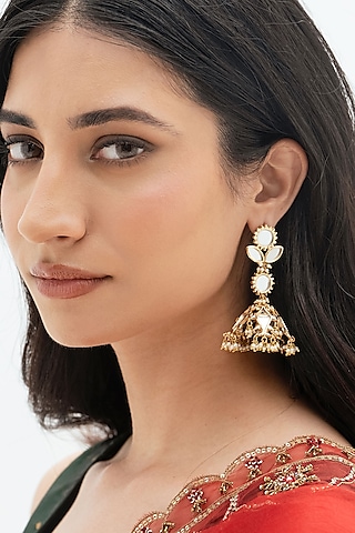 Gold Plated Faux Pearl & Mirror Work Jhumka Earrings by AMAMA