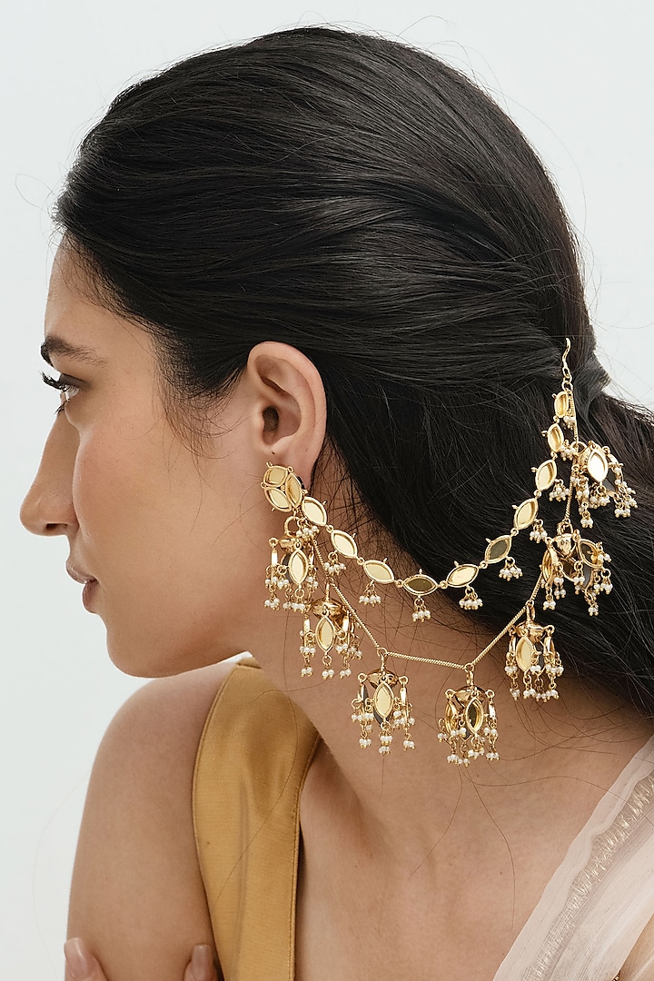 Gold Plated Faux Pearl & Mirror Work Sahara Earrings by AMAMA at Pernia's Pop Up Shop