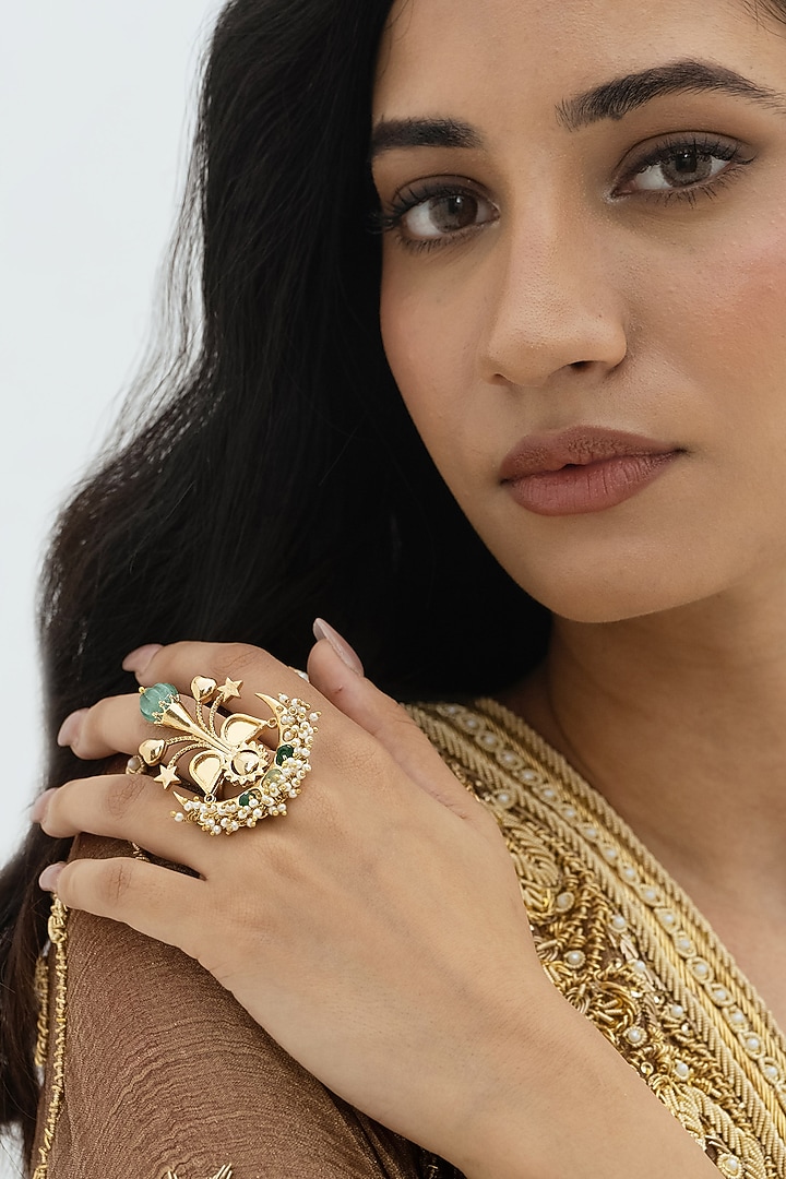 Gold Plated Faux Pearl & Mirror Work Ring by AMAMA at Pernia's Pop Up Shop