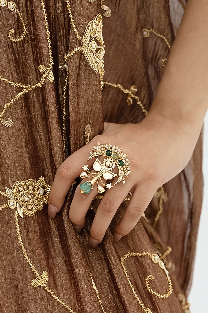 Gold Plated Faux Pearl & Mirror Work Ring by AMAMA at Pernia's Pop Up Shop