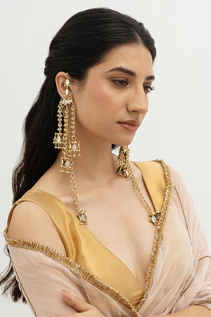 Gold Plated Faux Pearl & Mirror Work Jhumka Earrings by AMAMA at Pernia's Pop Up Shop