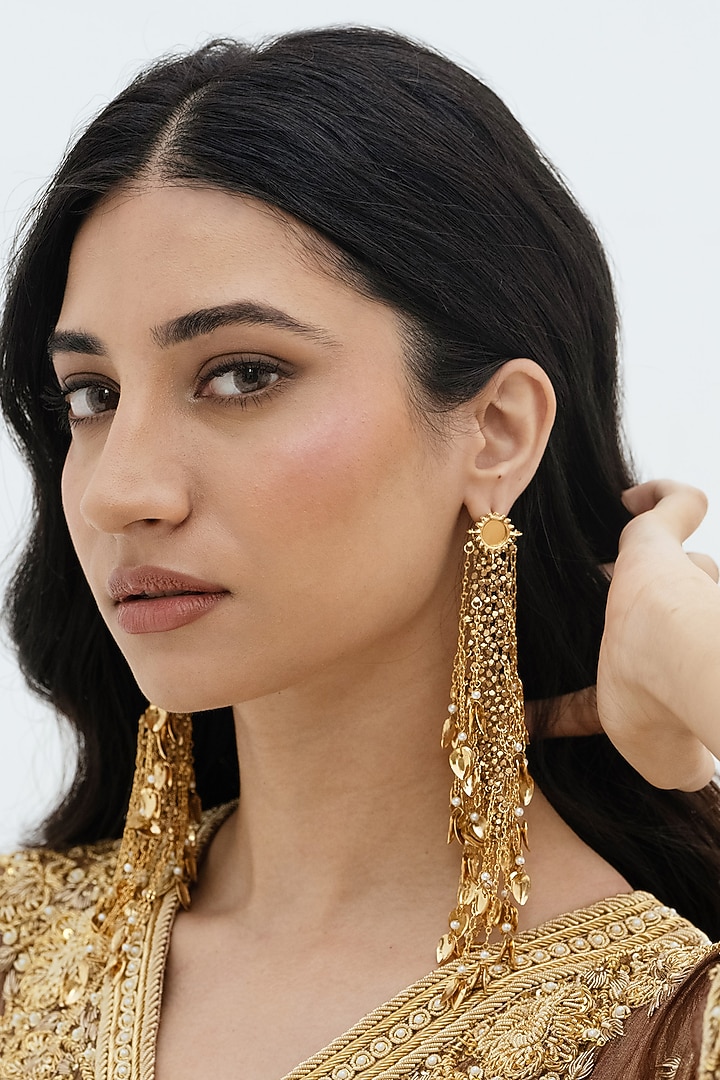 Gold Plated Faux Pearl & Mirror Work Dangler Earrings by AMAMA at Pernia's Pop Up Shop